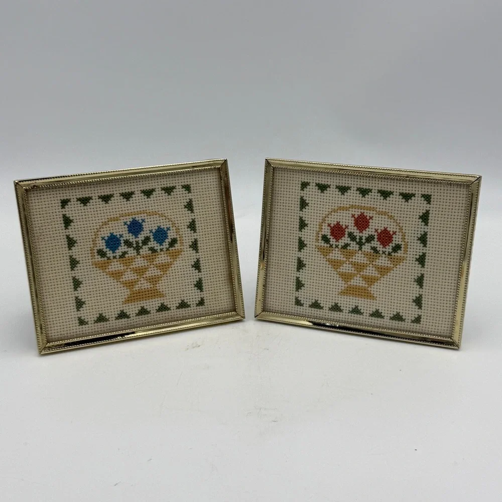 Vintage Framed Cross Stitch Art Set of 2 Mini Floral Basket Gold Tone Frames